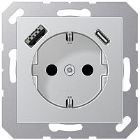 Розетка с заземлением +2хUSB тип A+C без рамки Jung EcoProfi 1-м. алюминий картинка